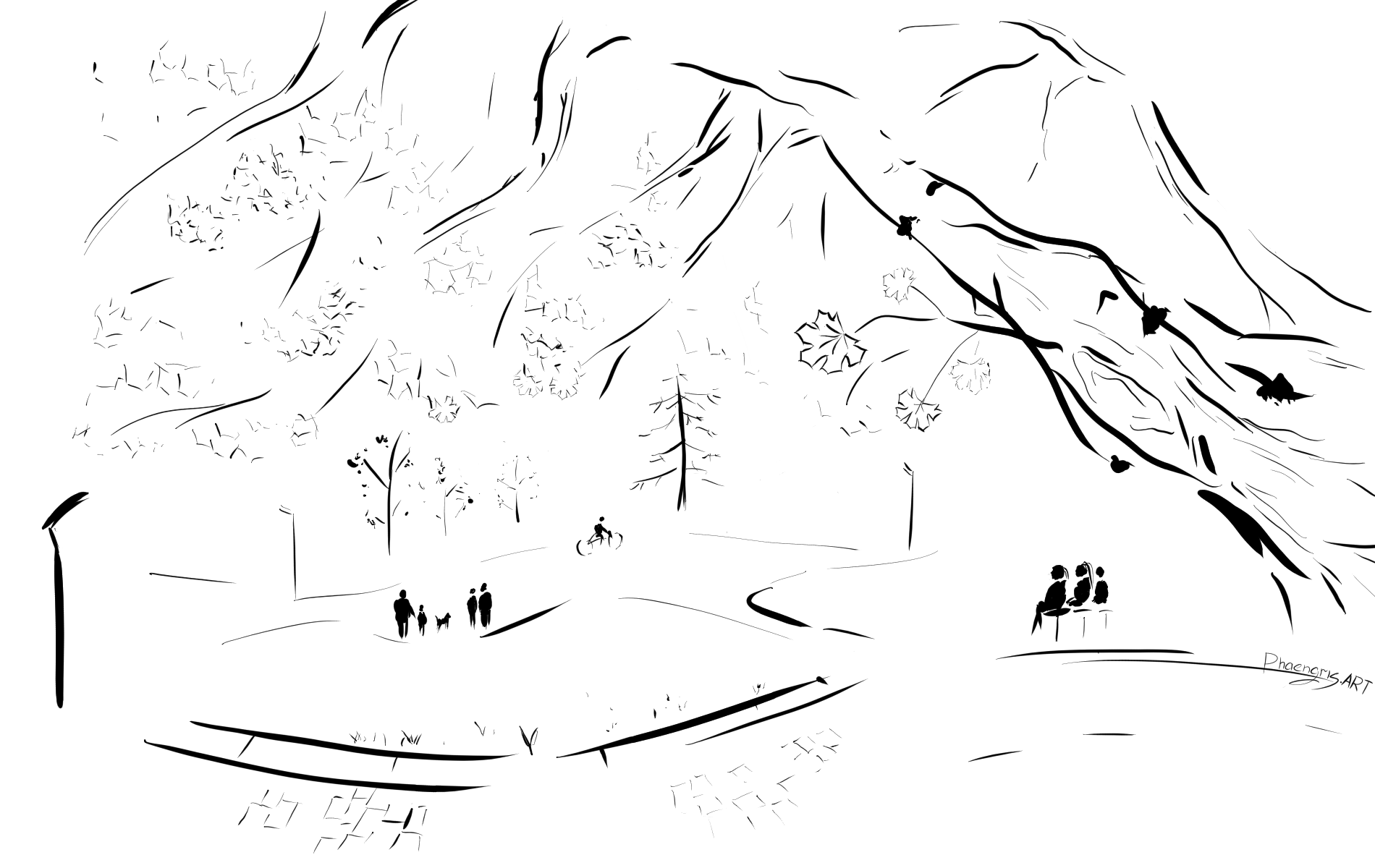 Under an Old Maple A black and white sketch of a park scene, with a group of people sitting under a large maple tree